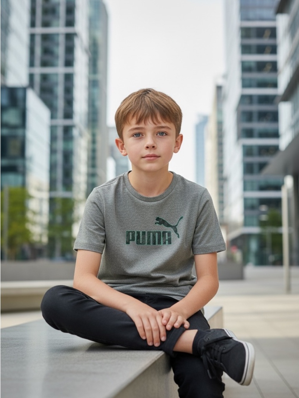 Puma Boys' 2T Heather Gray T-shirt Dark Green Logo 100% polyester round neck